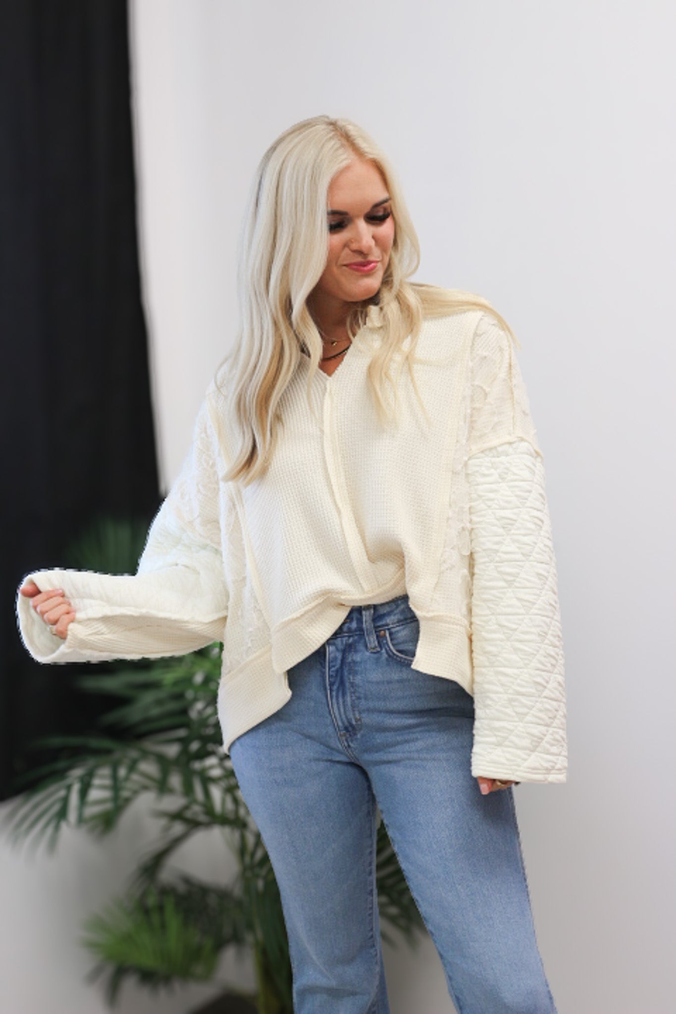 Sweet And Innocent Quilted Floral Cream Sweater