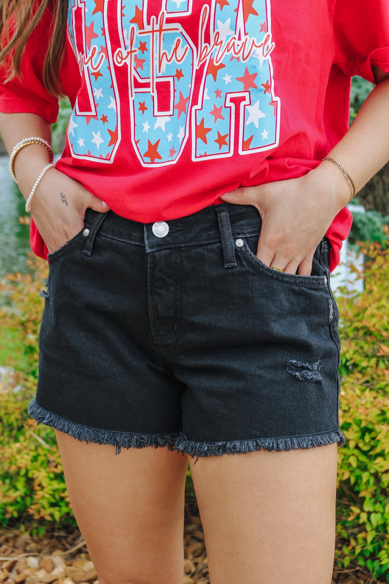 Black Denim Boyfriend Mid Rise Shorts by Silver