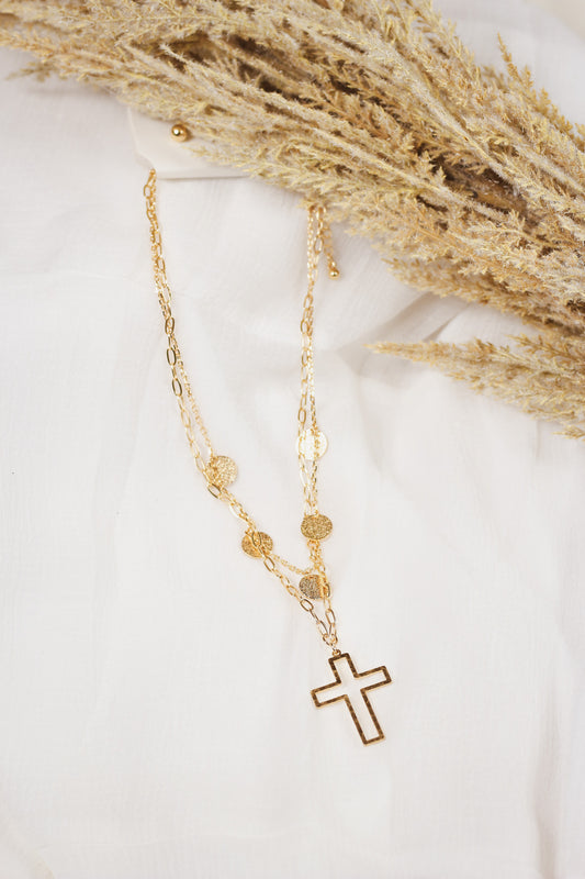 Gold Coin Layered with Open Cross 16"-18" Necklace