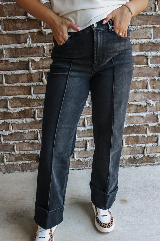 Holly High Rise Cuffed Straight Fit Black Jeans