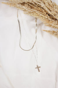 Silver Snake Chain Layered with Silver Cross 16"-18" Necklace