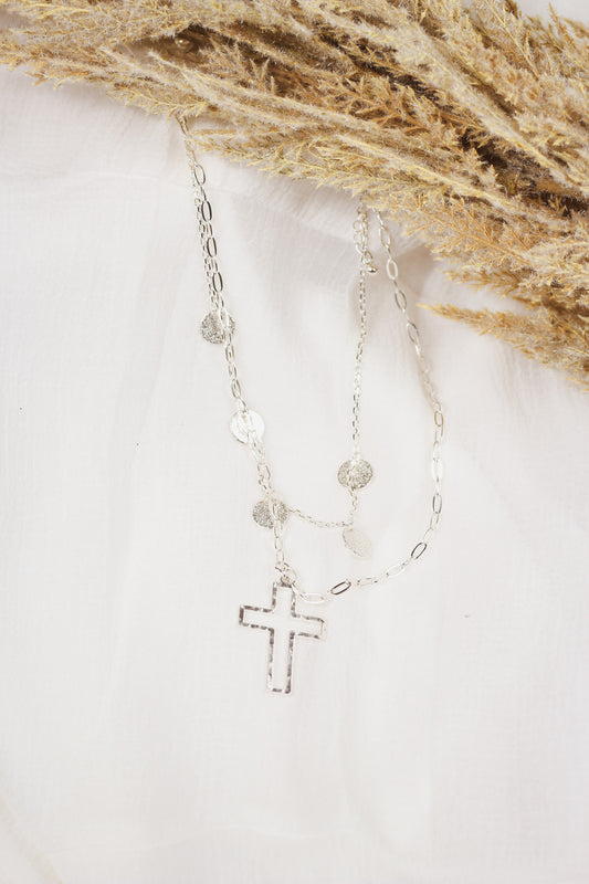 Silver Coin Layered with Open Cross 16"-18" Necklace