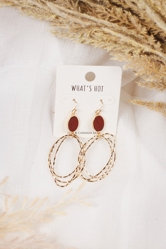 Maroon Wood with Layered Gold Oval Drop 2" Earring
