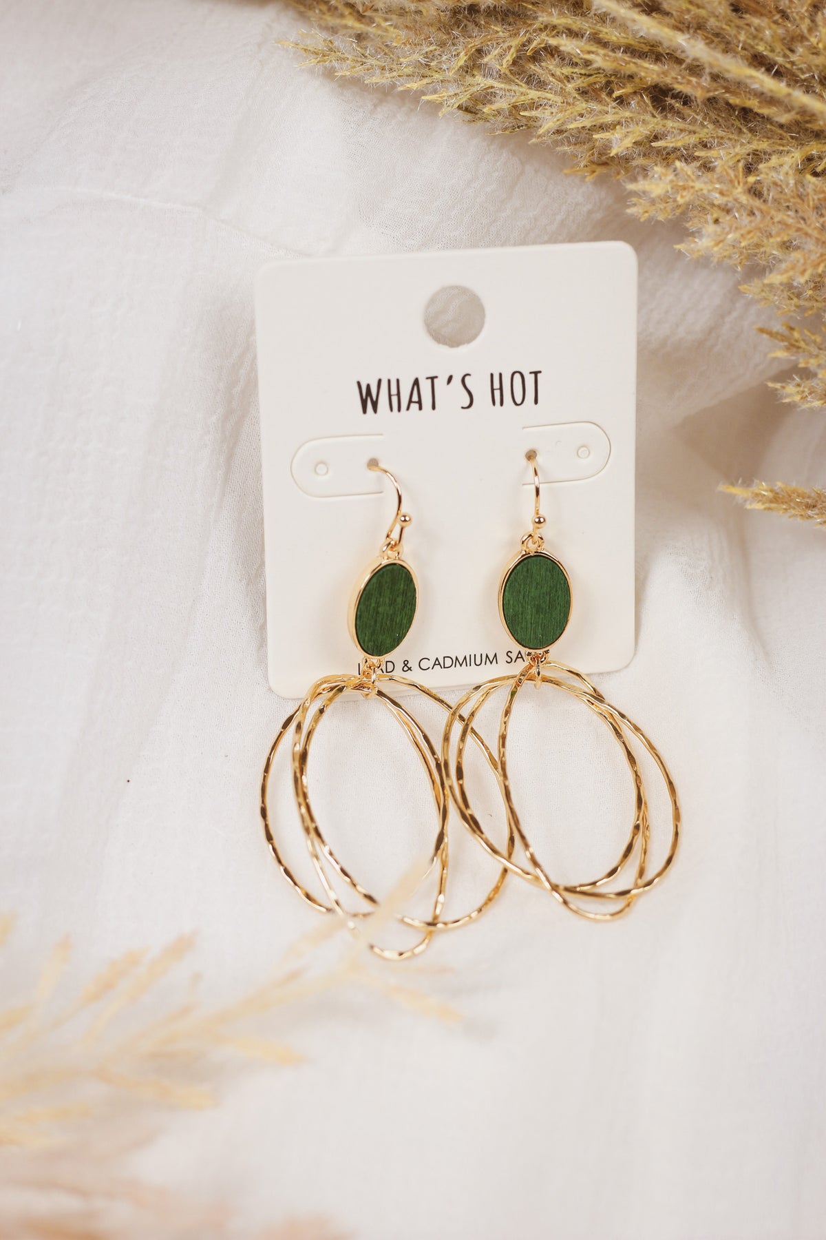 Green Wood with Layered Gold Oval Drop 2" Earring