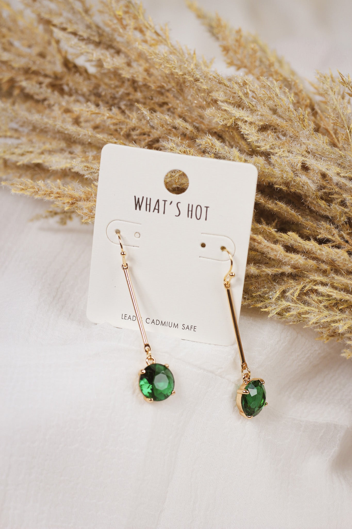 Green Diamond Crystal Stone Drop On Gold Bar Earring