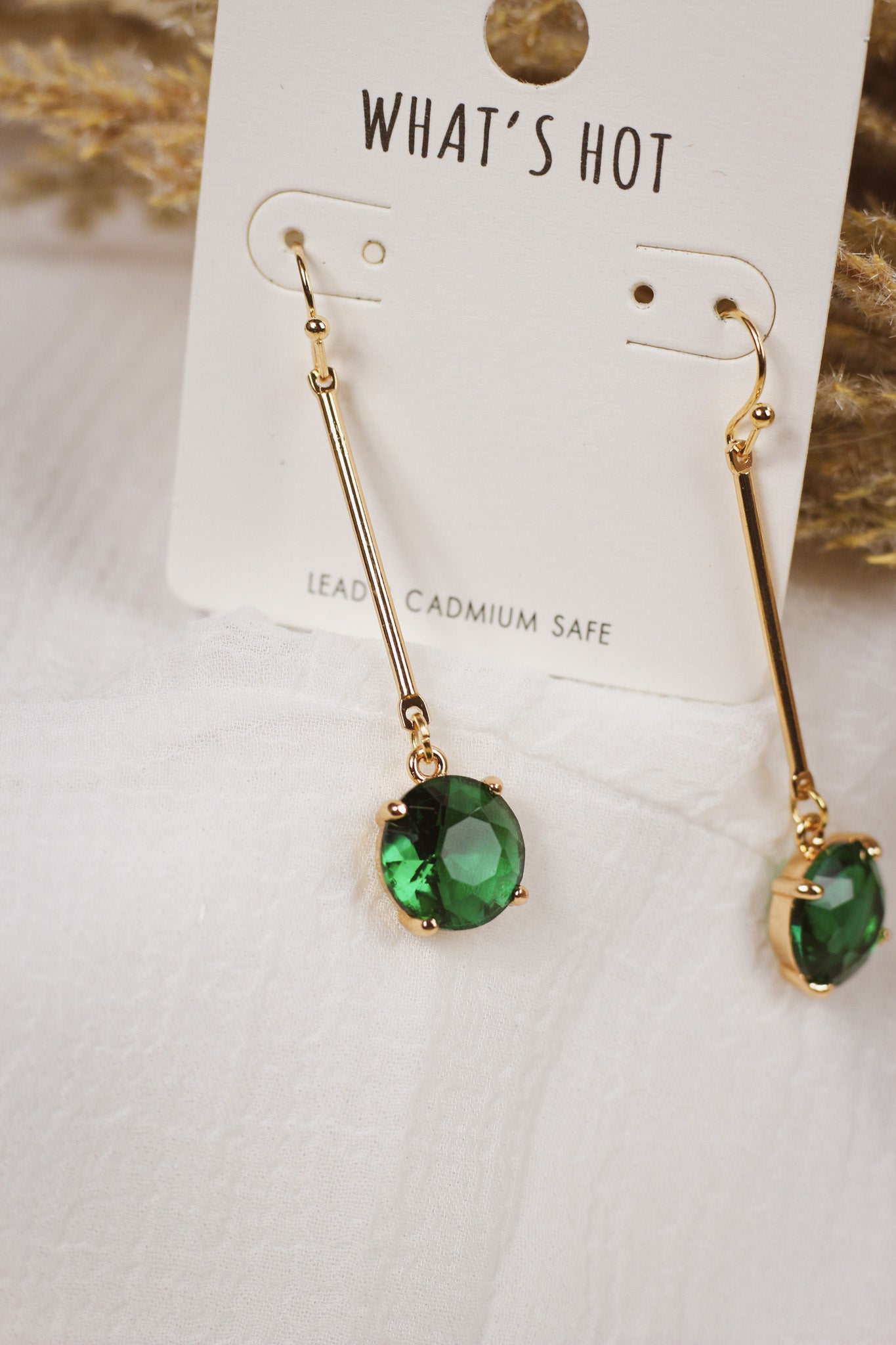 Green Diamond Crystal Stone Drop On Gold Bar Earring