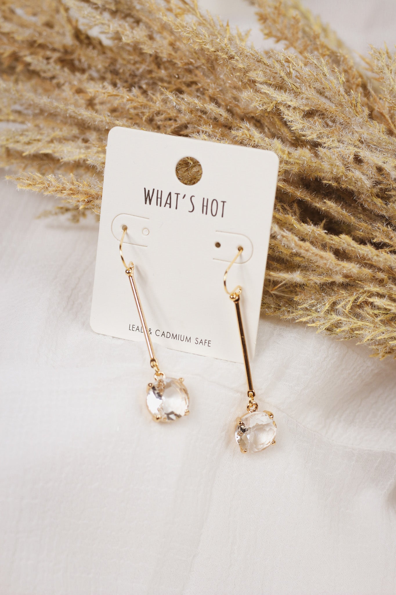 Clear Crystal Stone Drop on Gold Bar 1.5" Earring