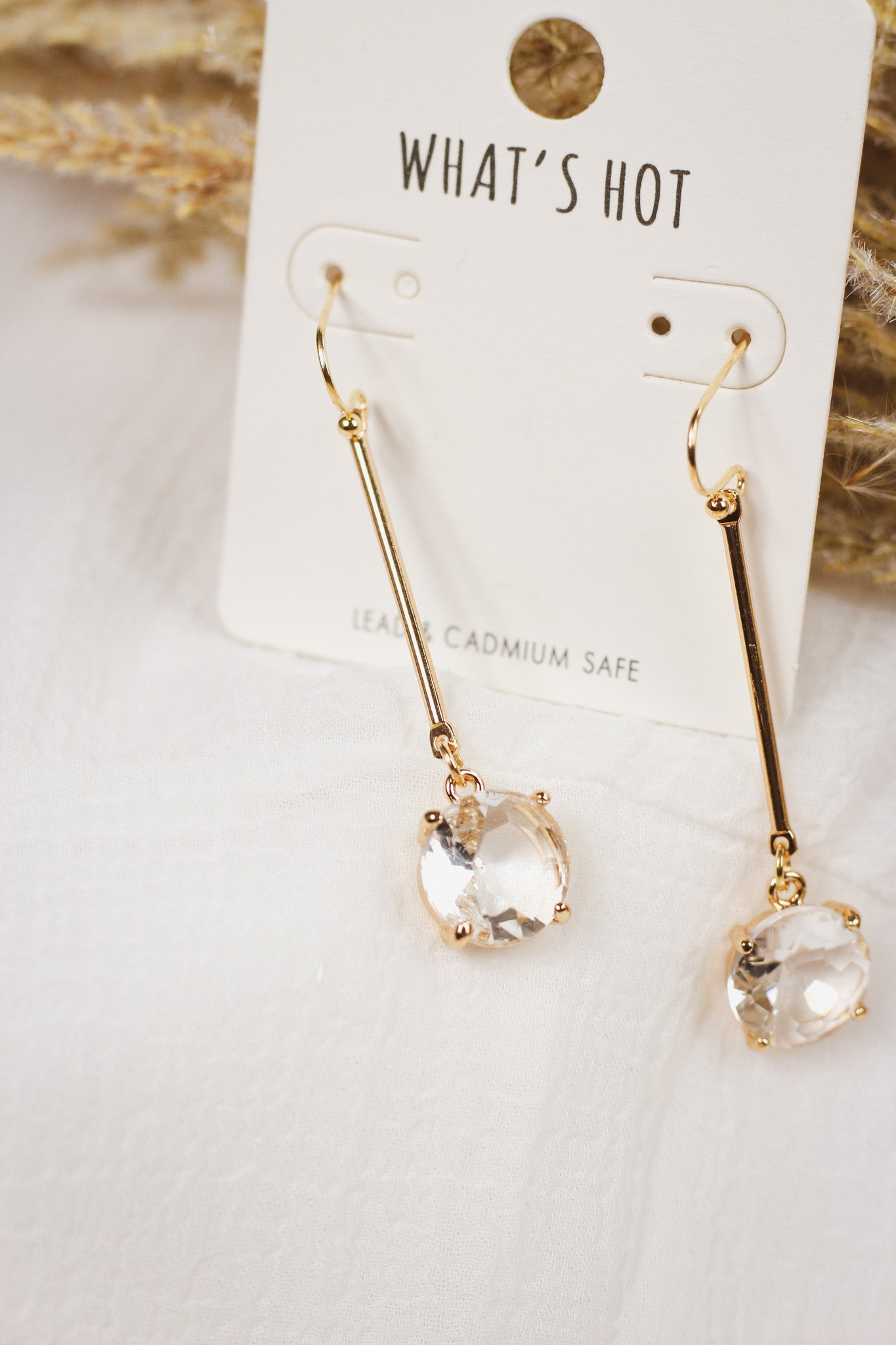 Clear Crystal Stone Drop on Gold Bar 1.5" Earring