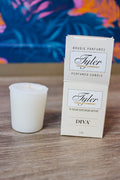 15-hour superior votive Tyler candle, shown in one of four available scents