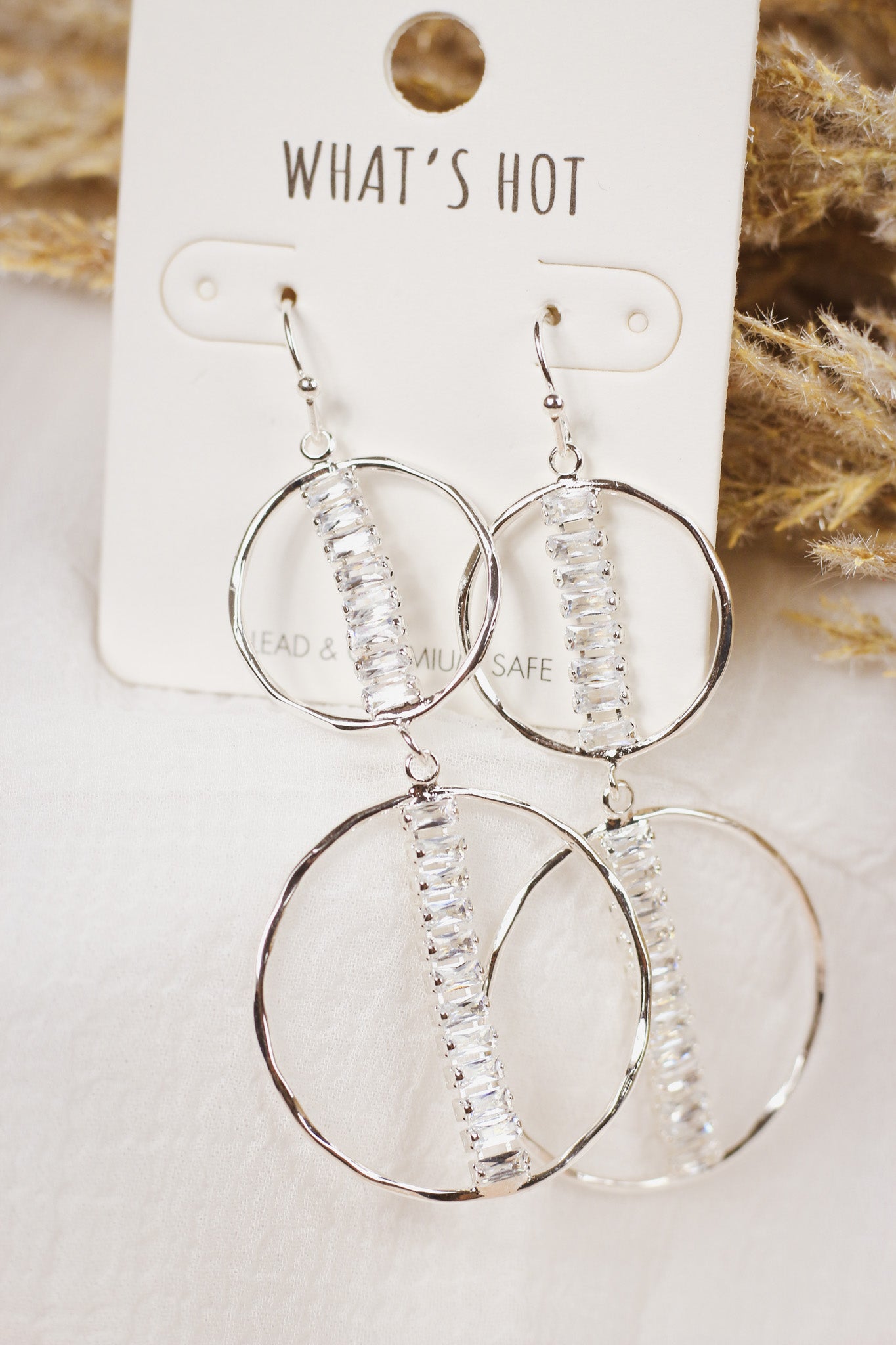 Silver Two Layer Circle with Rhinestone Bar 2" Hoop Earring