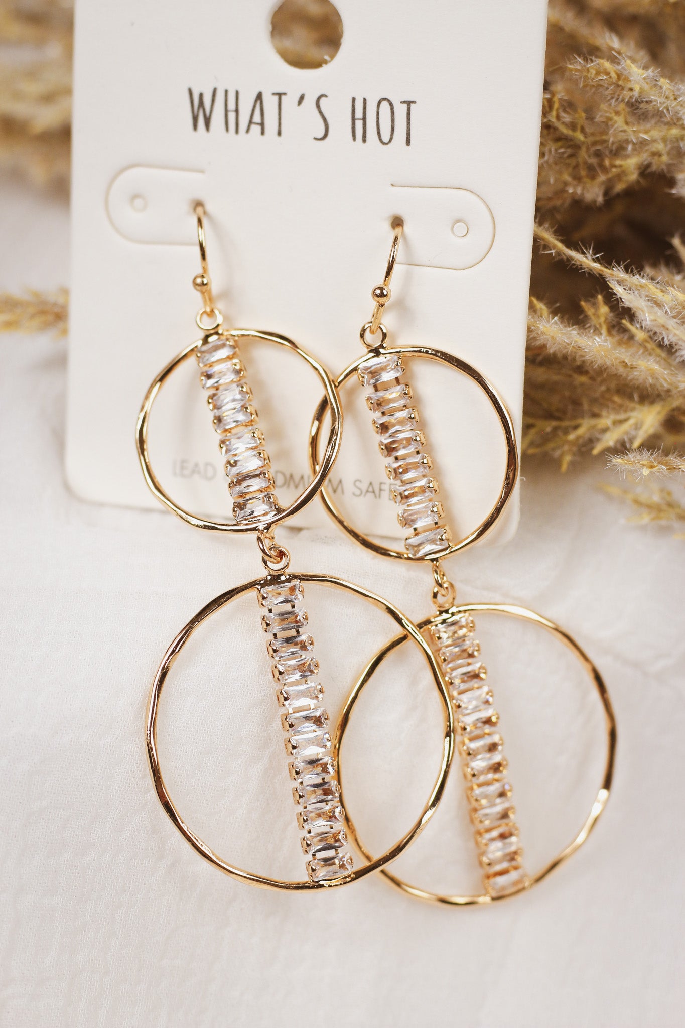 Gold Two Layer Circle with Rhinestone Bar 2" Hoop Earring