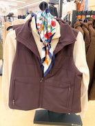 Large floral print bandana scarf, full mannequin view with brown vest