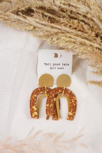 Gold with Brown/Gold Flake U Shape 2" Earring