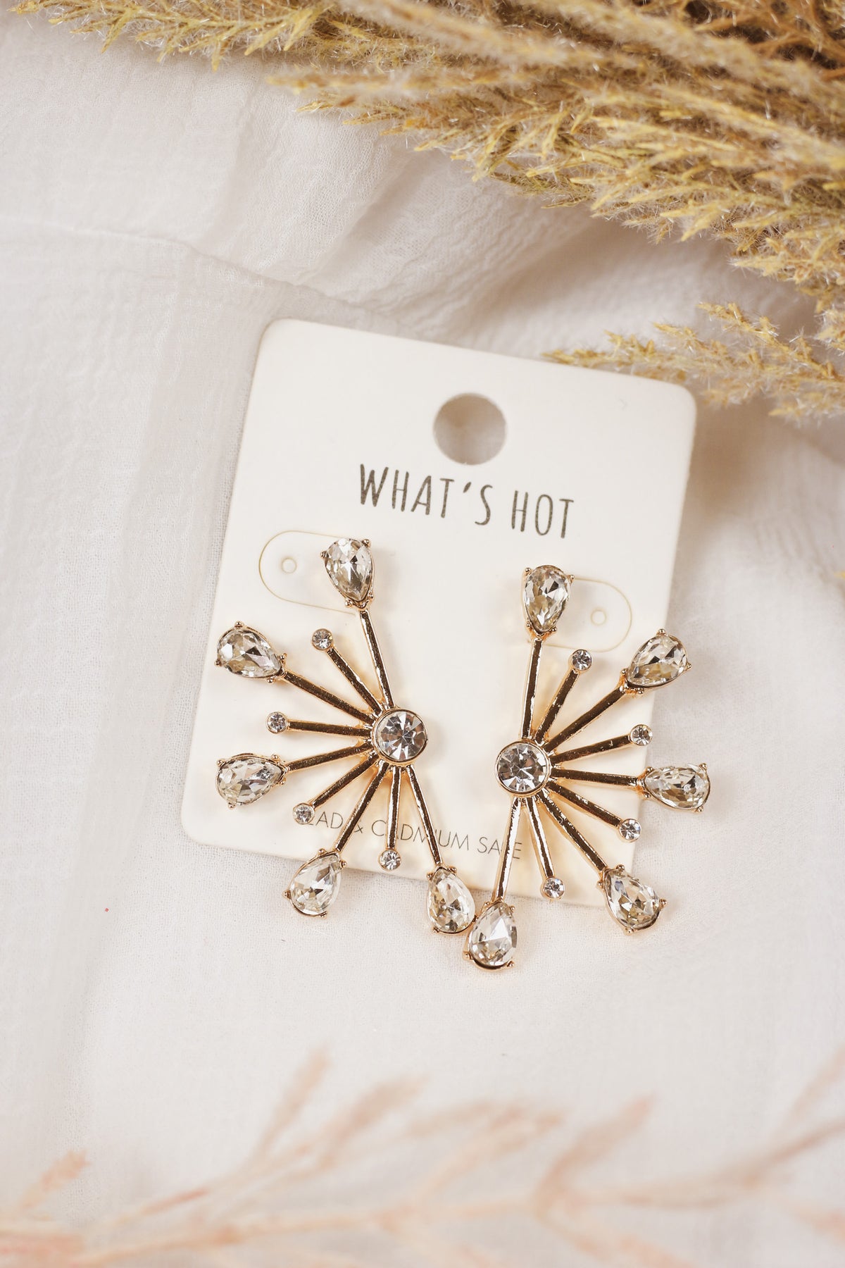 Gold and Clear Crystal Spiked Stud 1.5" Earring