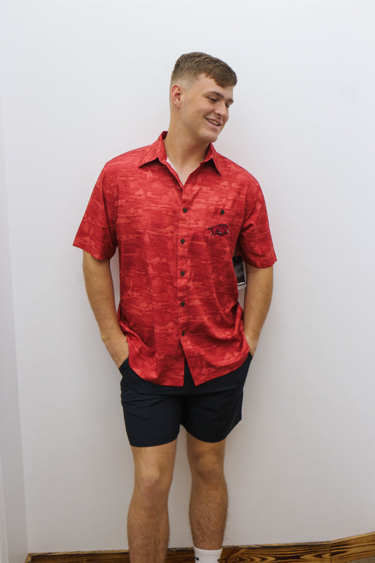 Arkansas Razorback Red Tropical Button Up