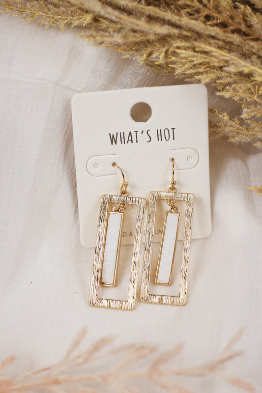 White Druzy and Gold Open Rectangle Bar 1.75" Earring