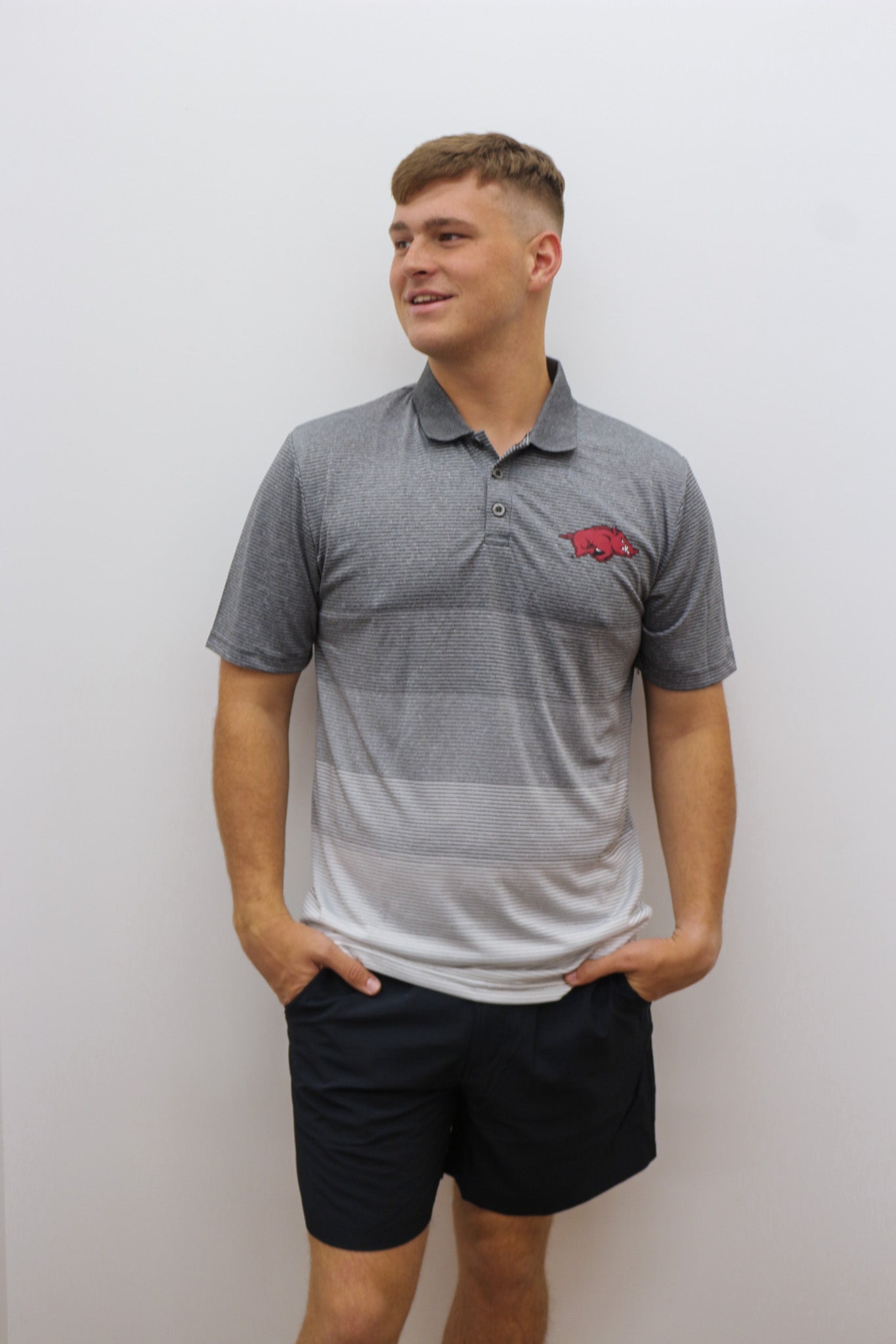 Mens Grey White Stripe Arkansas Razorback Polo