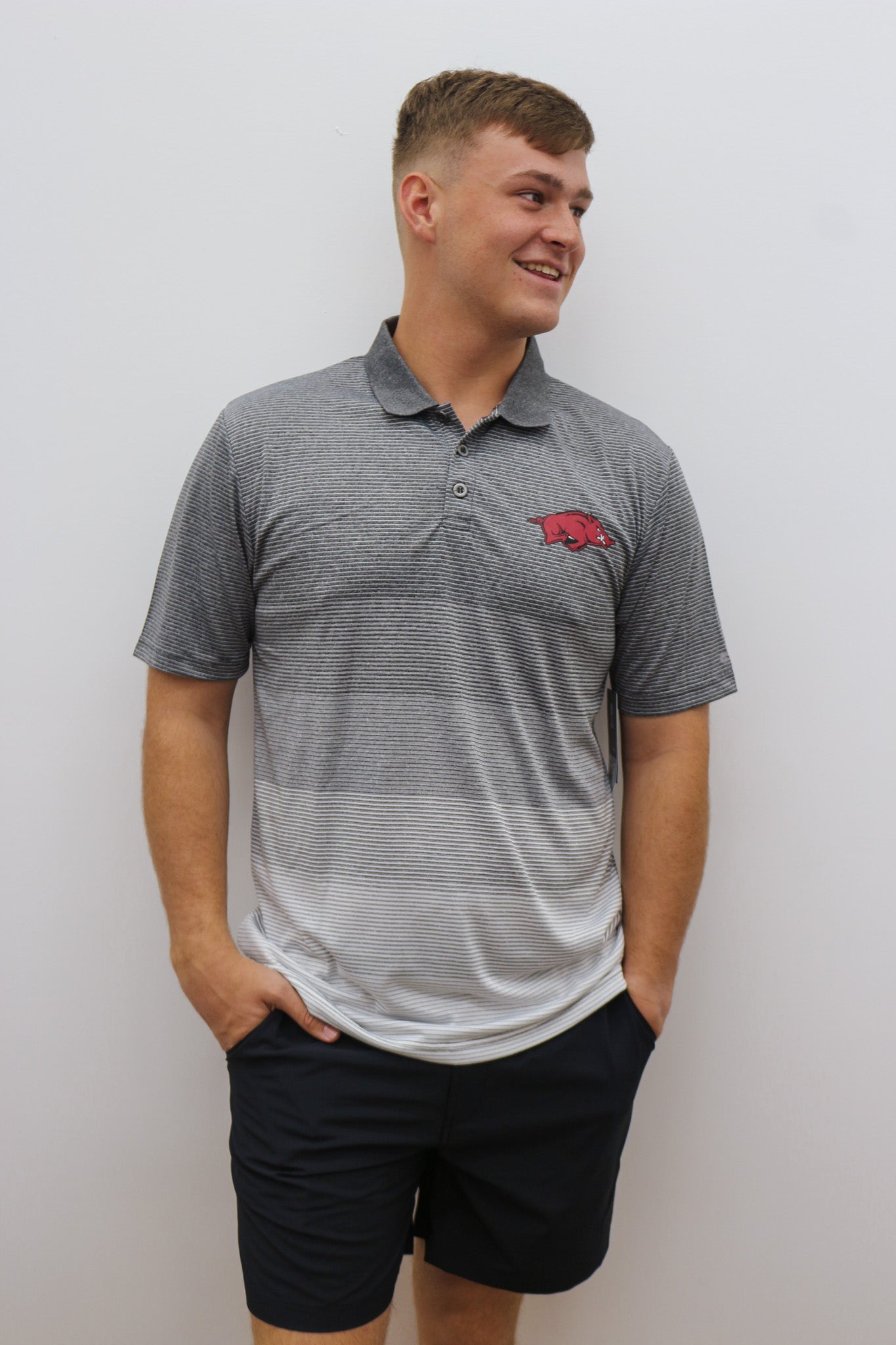 Mens Grey White Stripe Arkansas Razorback Polo