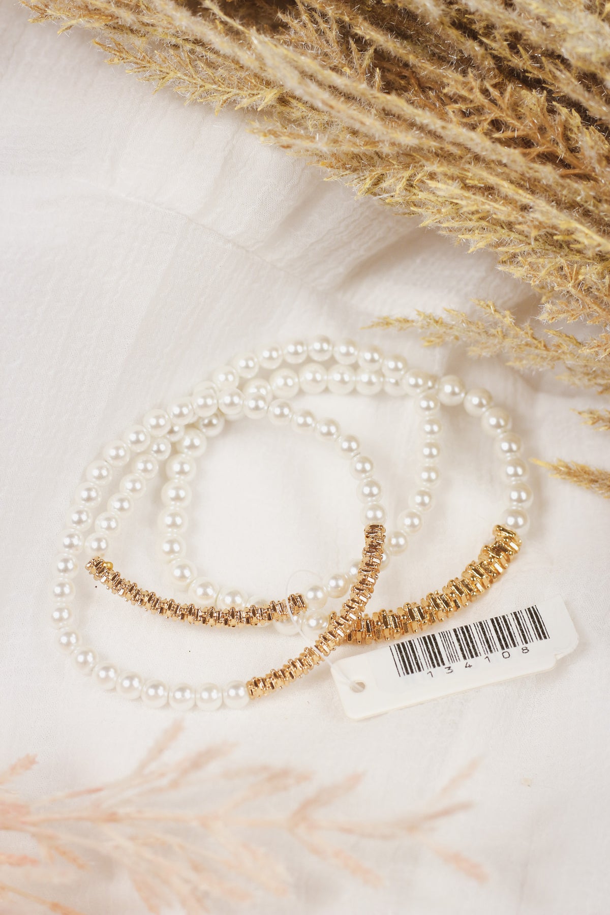 Pearl with Textured Gold Metal Beaded Bar Set of 3 Stretch Bracelets