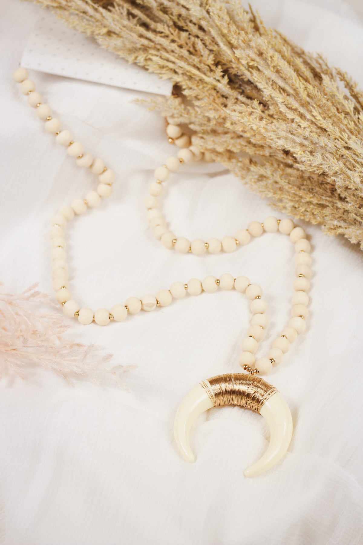 Natural White Wood with Horn Accent 32" Necklace
