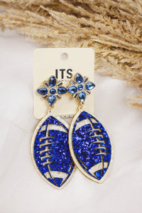Blue and White Glitter Football with Stones 2" Gameday Earring