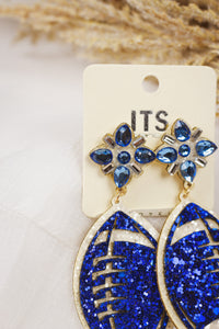 Blue and White Glitter Football with Stones 2" Gameday Earring