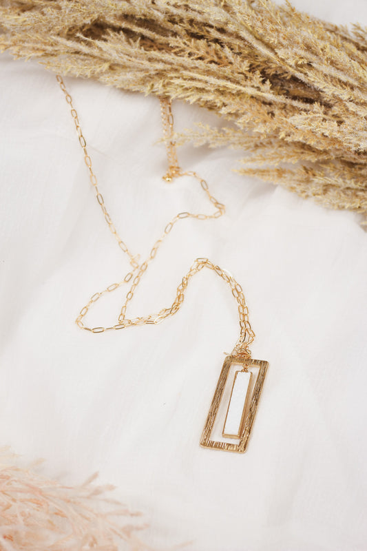 White Druzy and Gold Rectangle Bar 32" Necklace