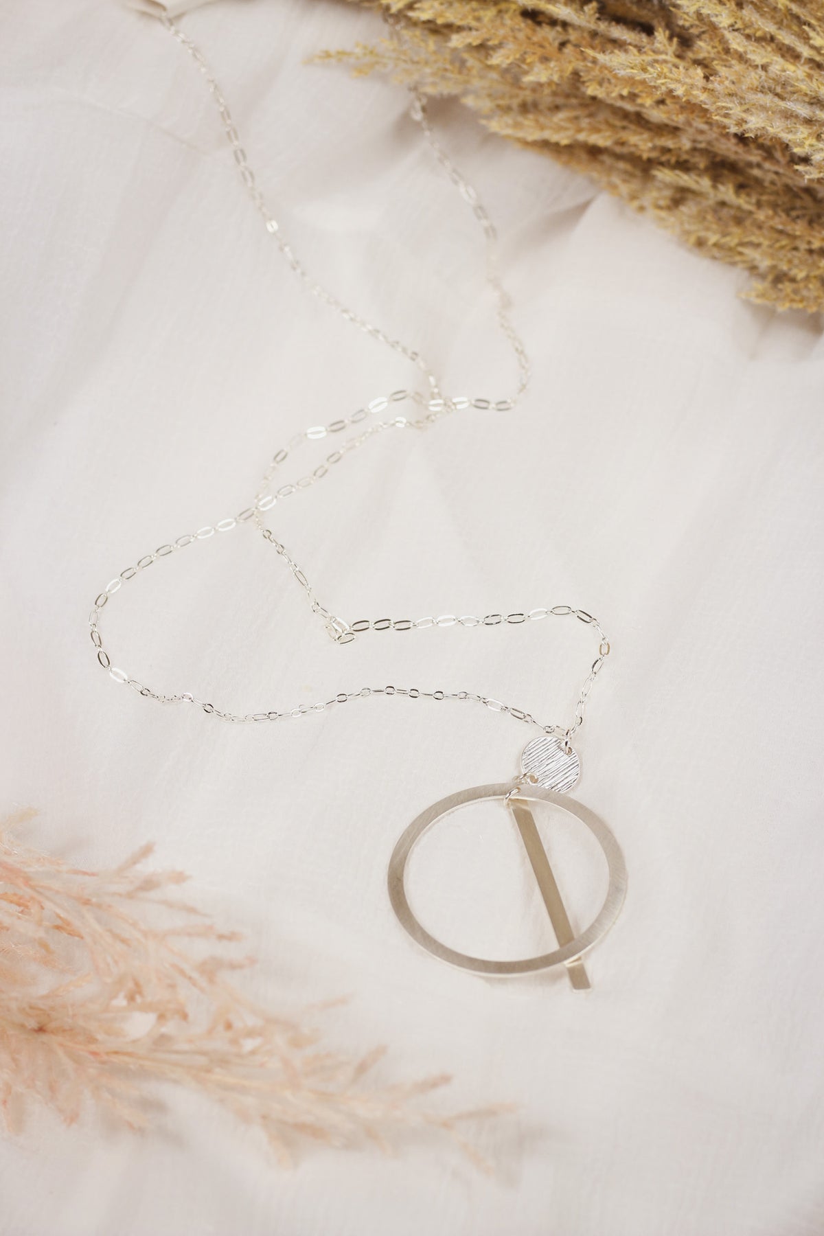 Matte Silver Open Circle with Bar Necklace