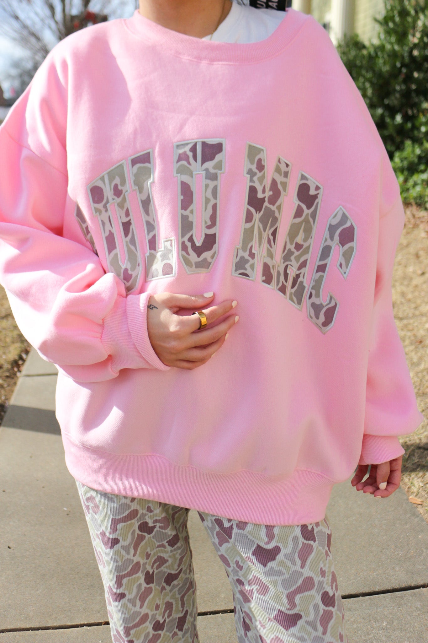Lulu Mac camo print sweatshirt, shown in one of four available colors