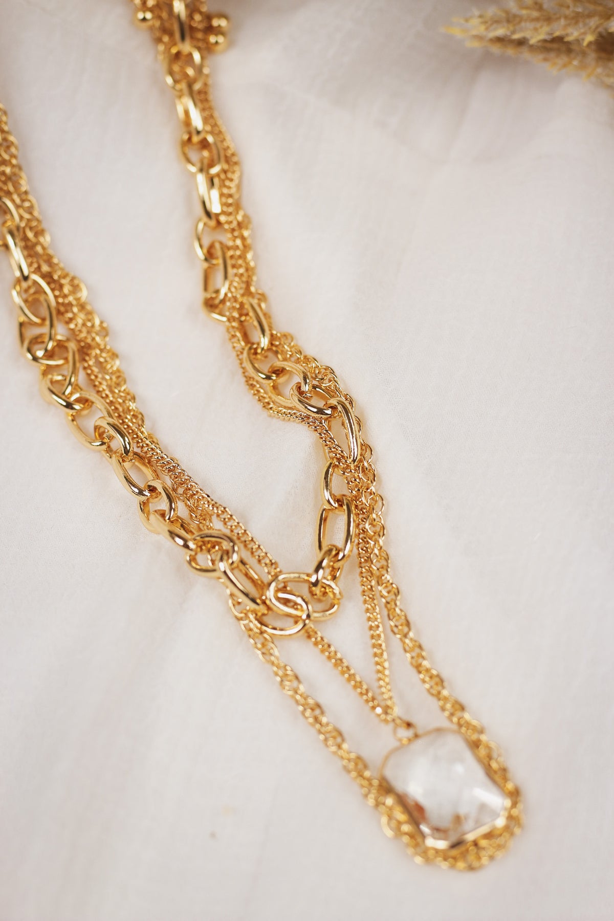 Set of 3 Layered Gold Chain and Crystal 16"-18" Necklace