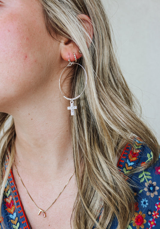 Silver Beaded Hoop with Crystal Cross Earring