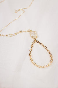 Clear Stone with Gold Open Chain Teardrop 32" Necklace