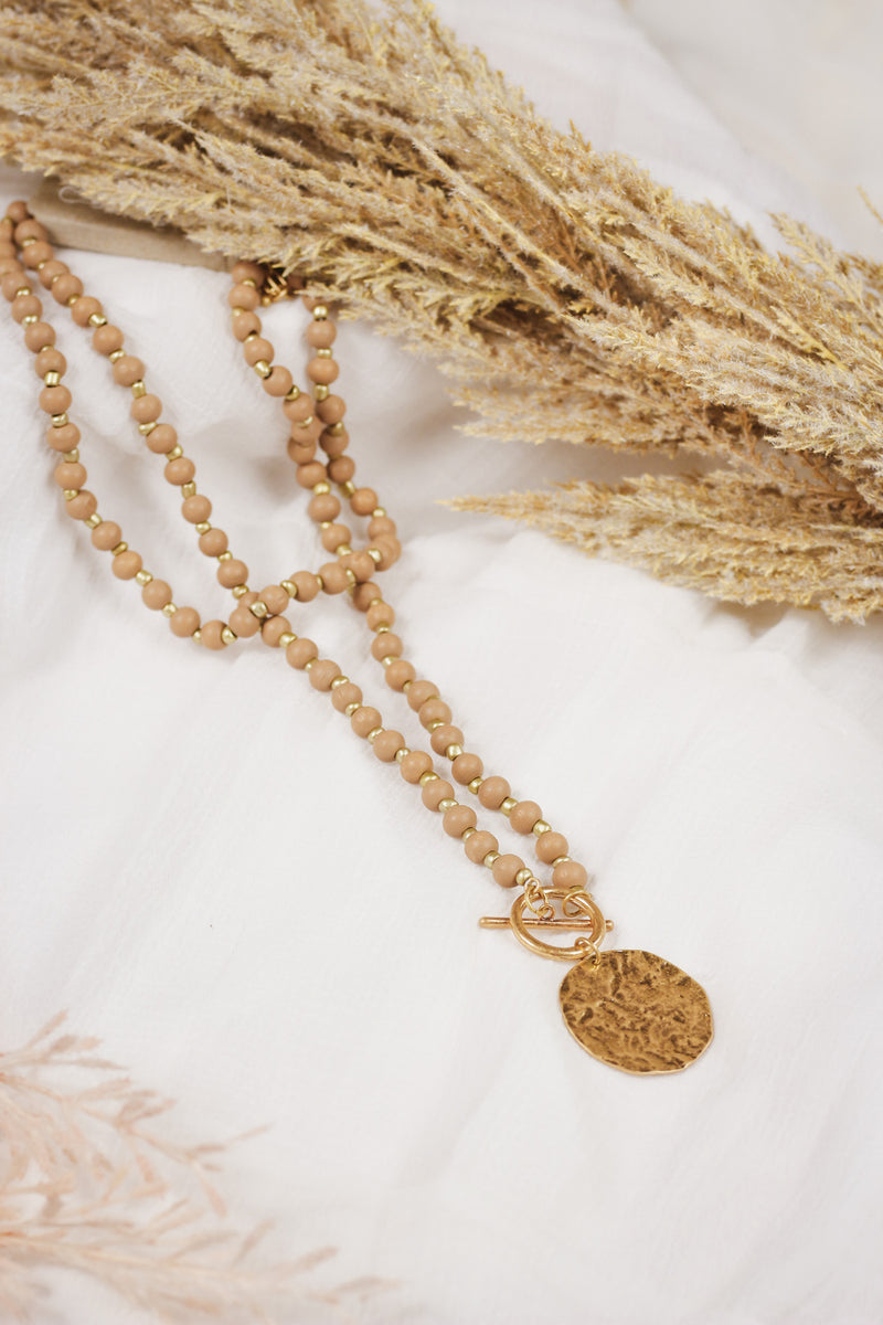 Natural Wood Beaded Layered with Gold Coin 30" Necklace