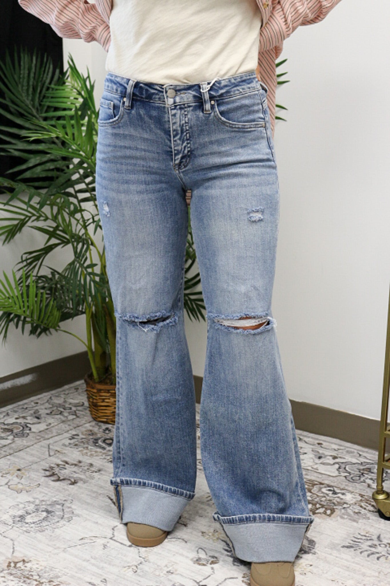 Tummy Control Mid Rise Risen Wide Cuffed Jeans