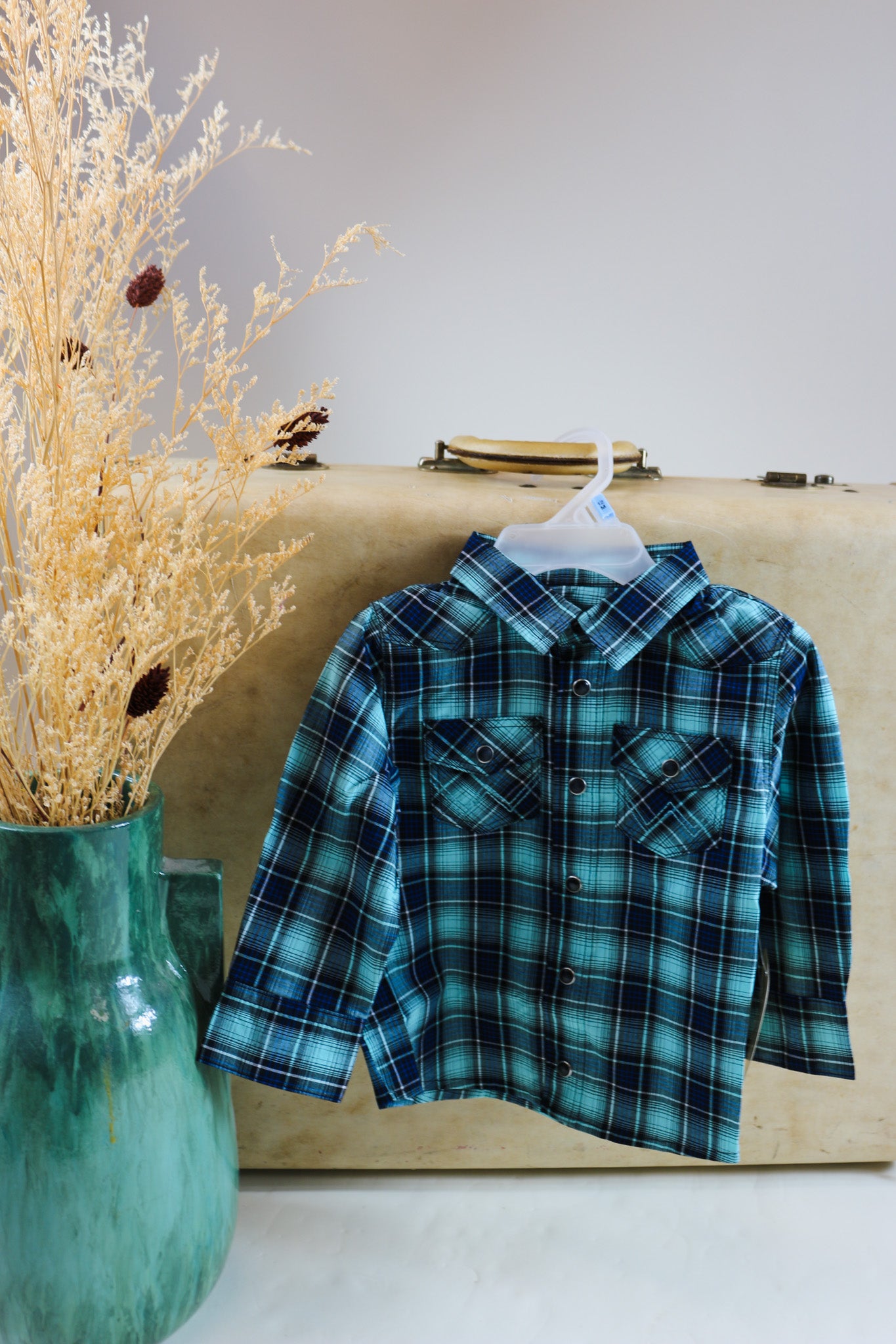 Wrangler Little Boy Long Sleeve Snap Front Plaid Western Shirt- Teal Dream