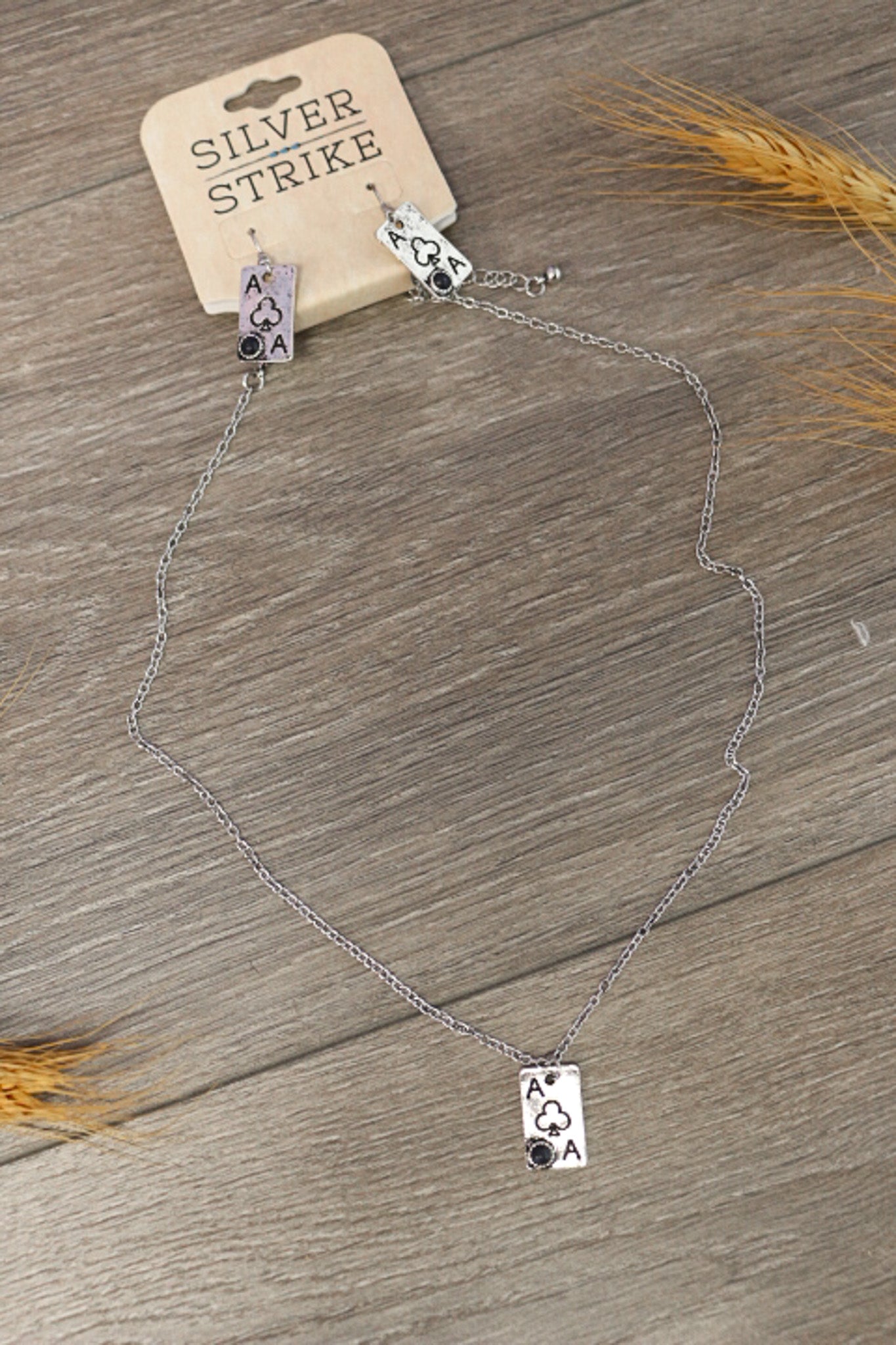 Silver Ace Of Clubs Necklace Earring Set