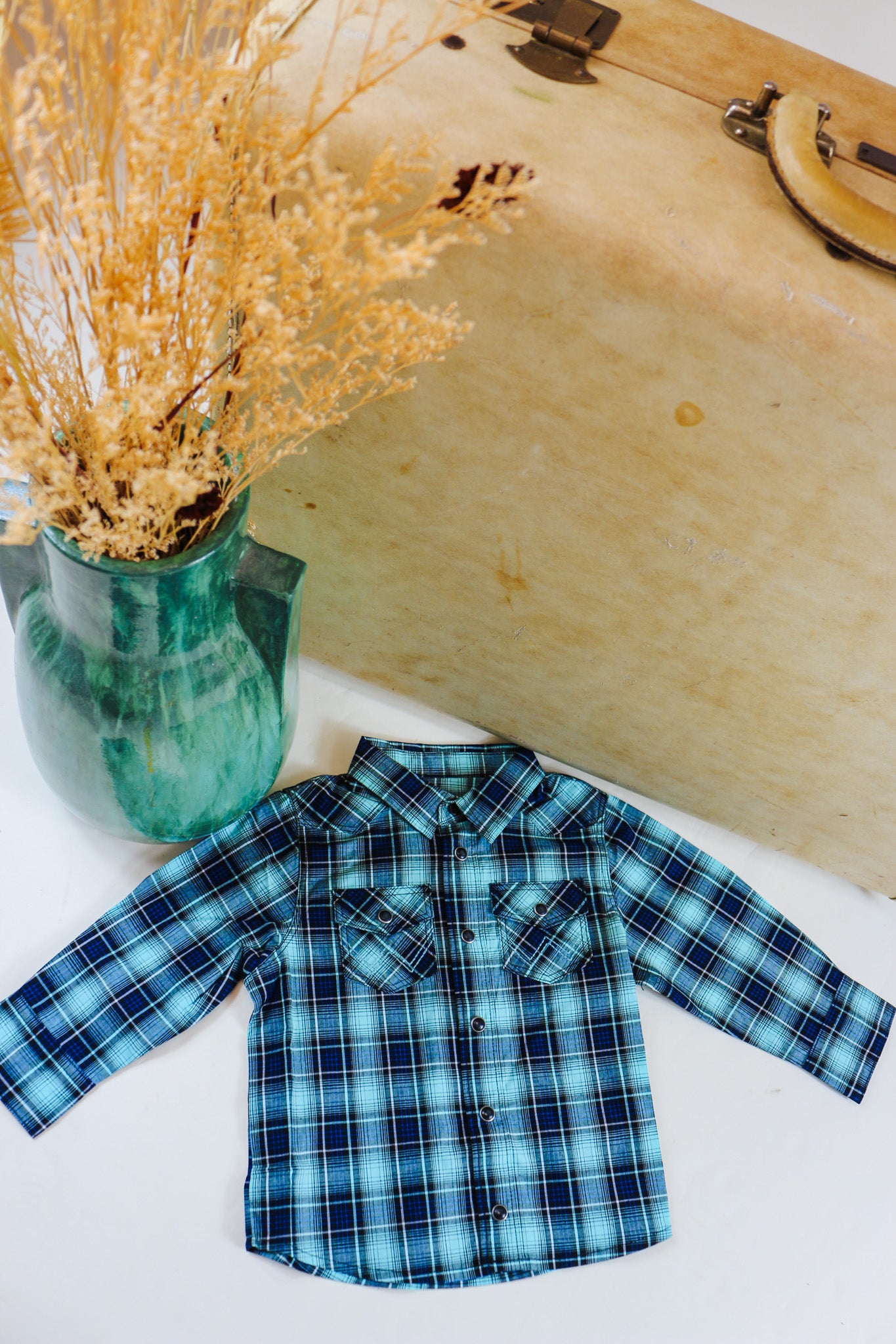 Wrangler Little Boy Long Sleeve Snap Front Plaid Western Shirt- Teal Dream