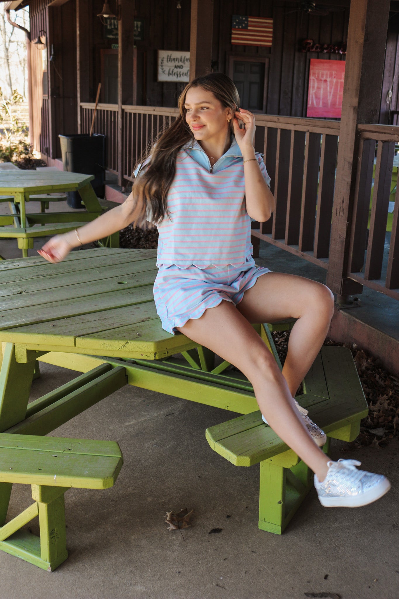 Life At The Lake Blue Pink Stripe Scallop Shorts