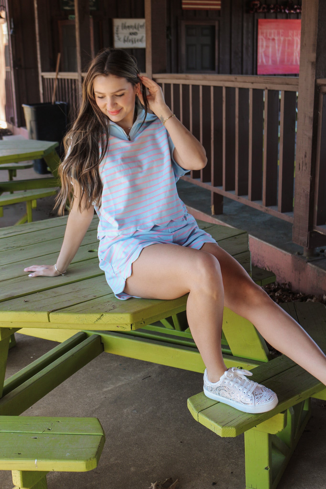 Life At The Lake Blue Pink Stripe Half Zip Top