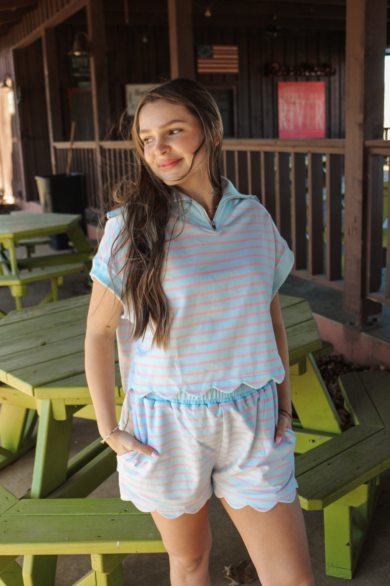 Life At The Lake Blue Pink Stripe Scallop Shorts