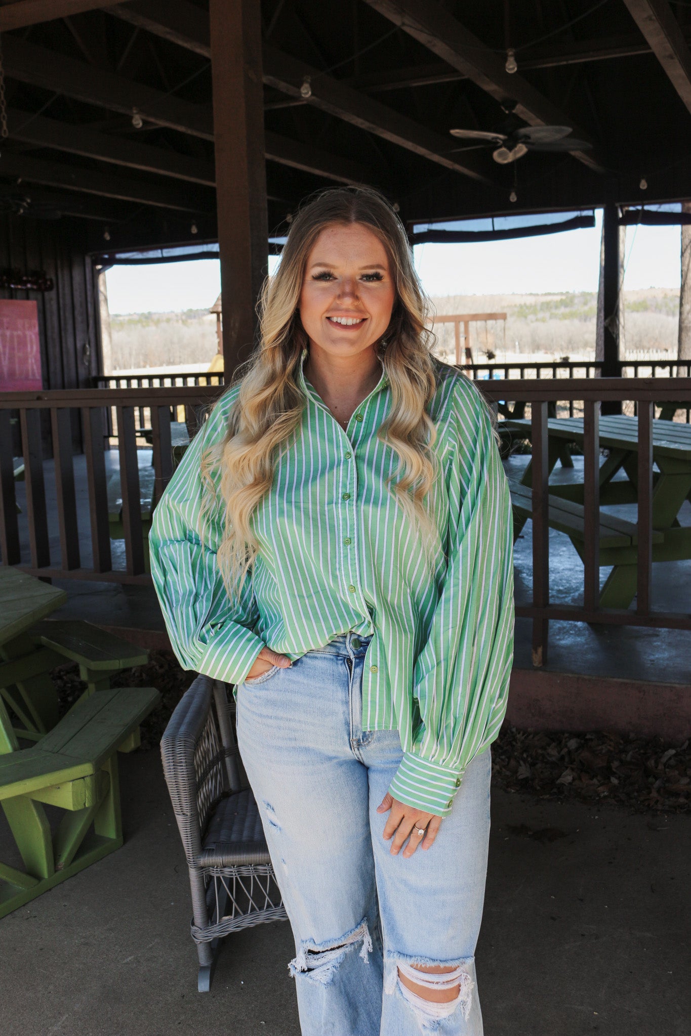 Minding My Own Green Stripe Button Up Blouse