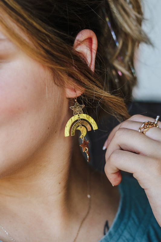 Worn Gold and Silver Moon and Star Drop 2" Earring