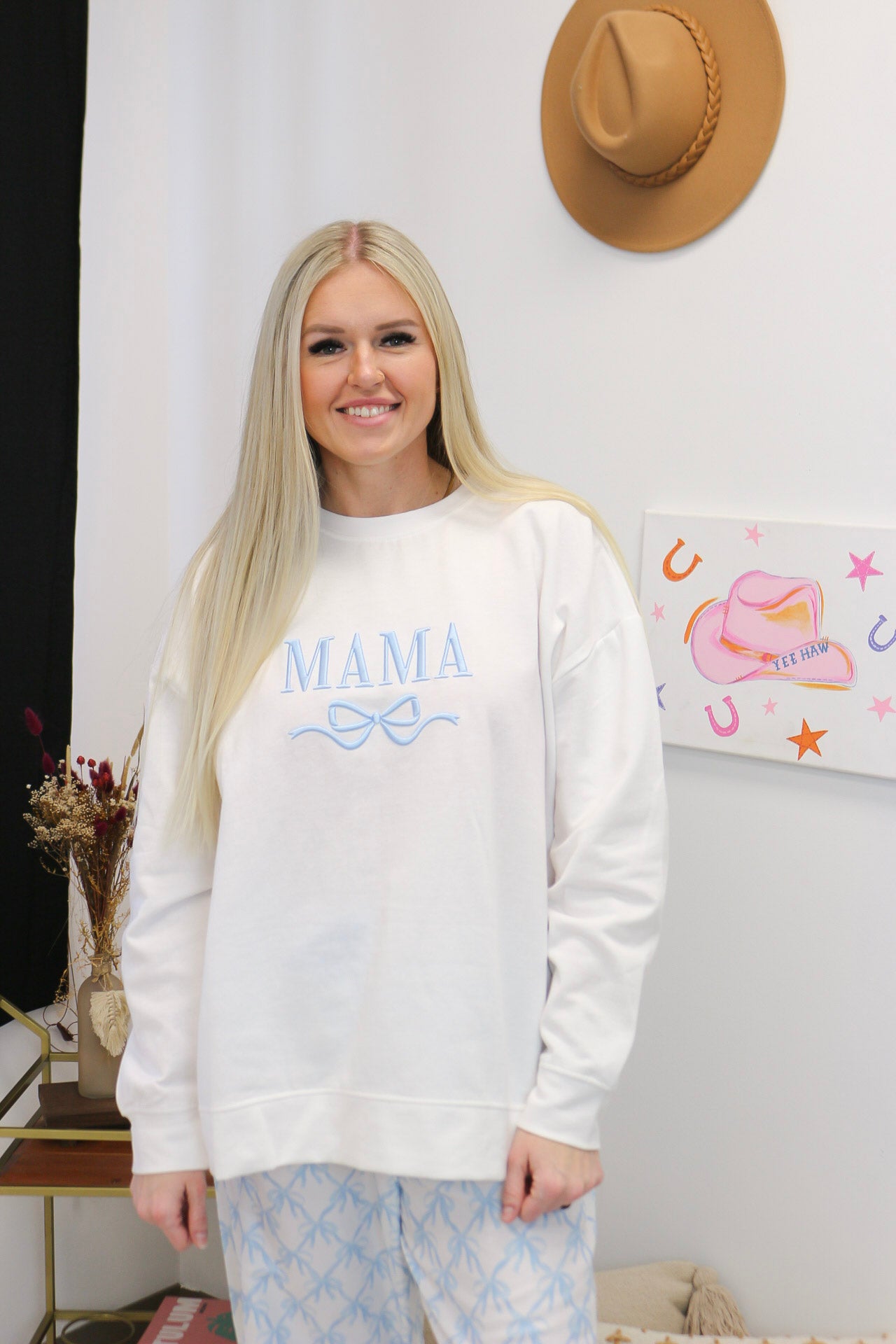 Mama Bow sweatshirt, shown in one of two available colors