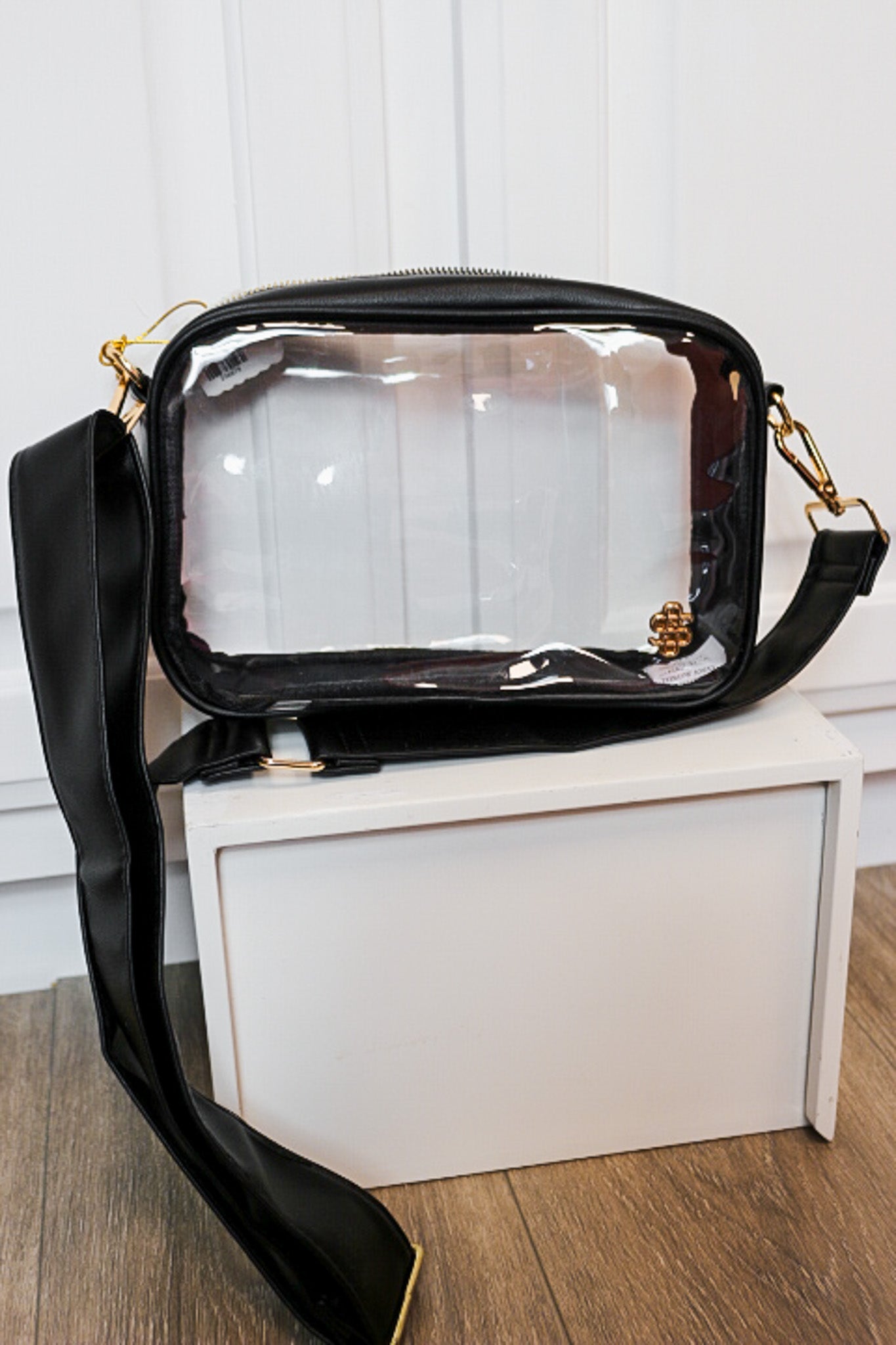 Clear leather crossbody purse, shown in one of several available colors