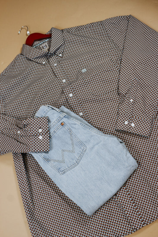 Men's Brown Geometric Print Button-Down Long Sleeve Shirt