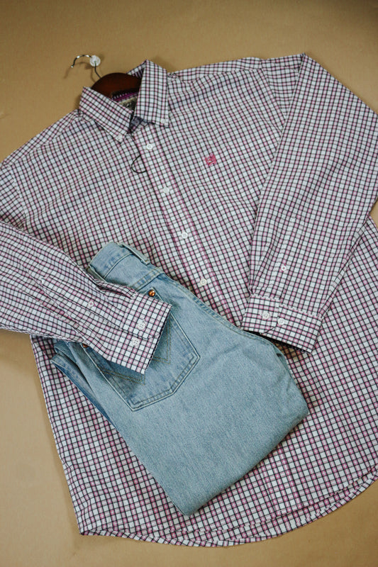 Men's Cinch White Pink & Black Plaid Button Down Shirt