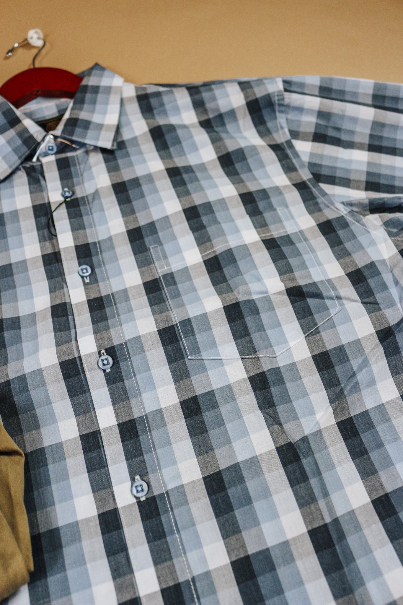 Blue Grey Plaid Men's Button Down Shirt Short Sleeve