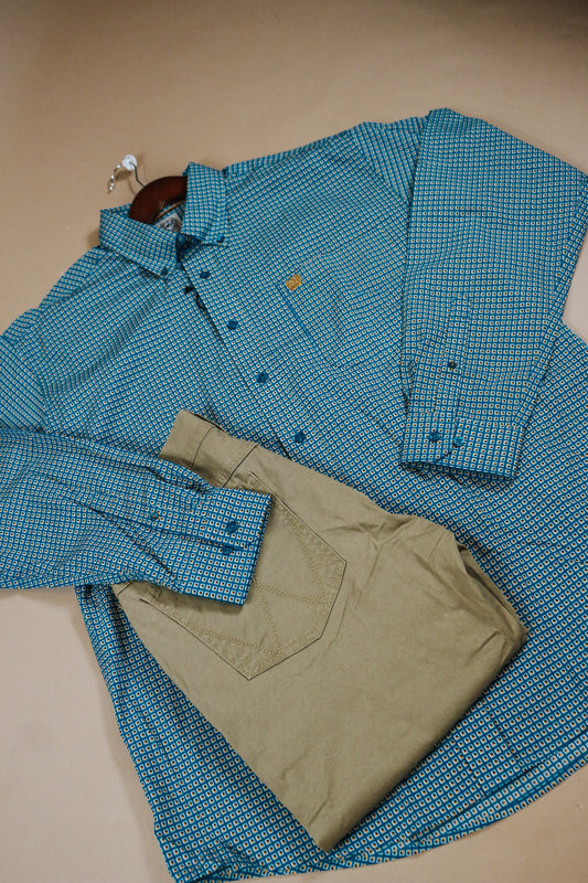 Men's Cinch Turquoise Geometric Print Button Down Shirt