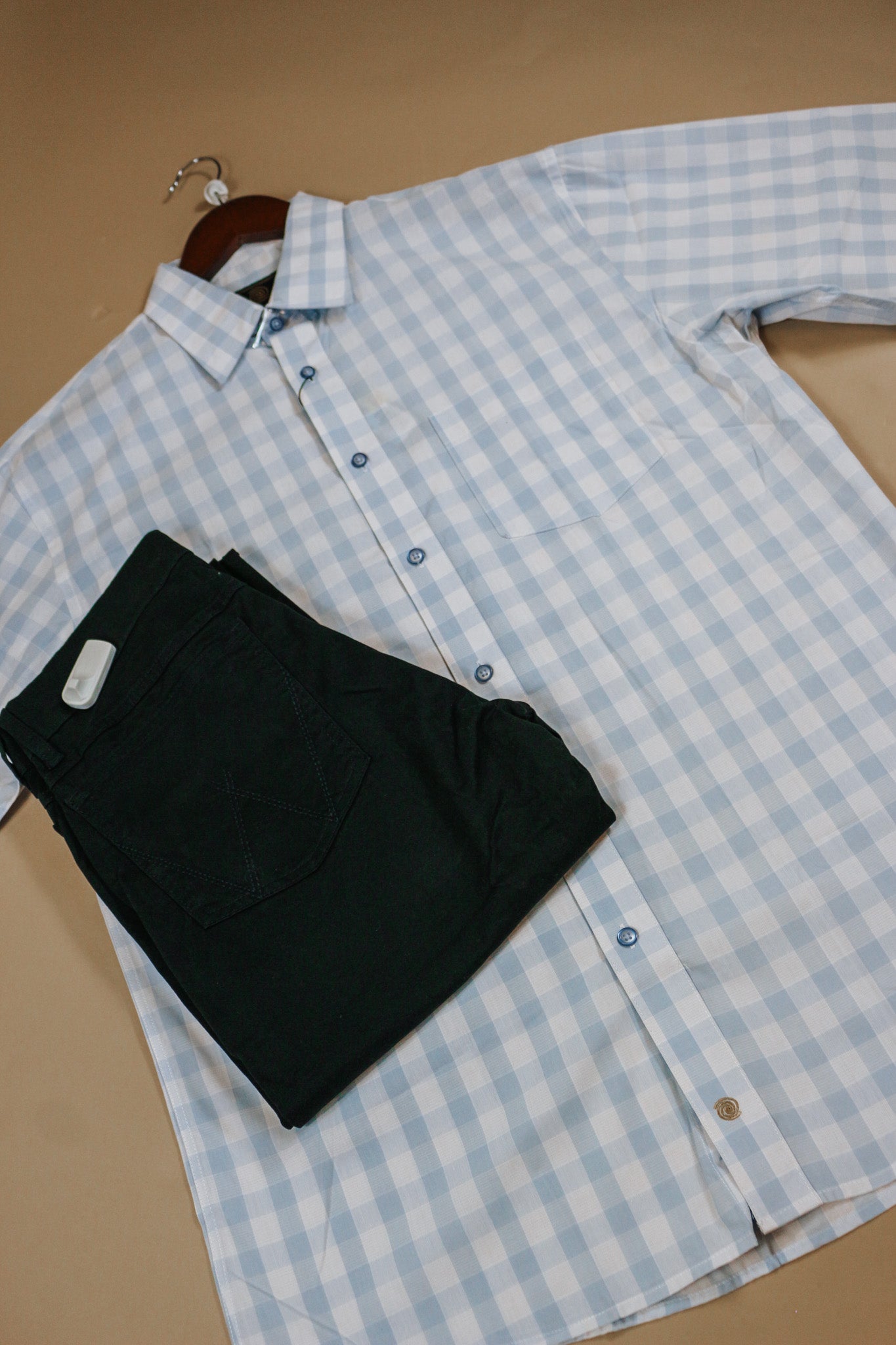 Light Blue Tan Plaid Men's Button Down Shirt Short Sleeve