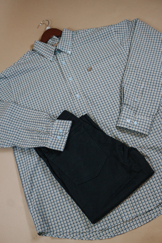 Cinch Men's Light Blue Tan Stripe Shirt Long Sleeve Button Down